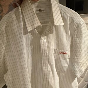 Balenciaga White Pinstripe Button-Down Shirt with Red Logo Stitch